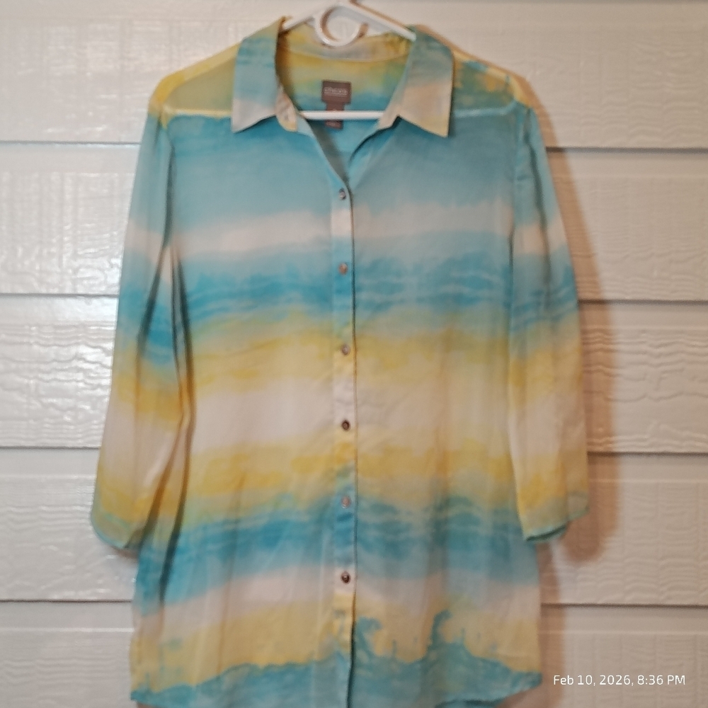 Chicos Blue Yellow White Watercolor Semi-Sheer‎ Button Up Collared Size 2 M/L